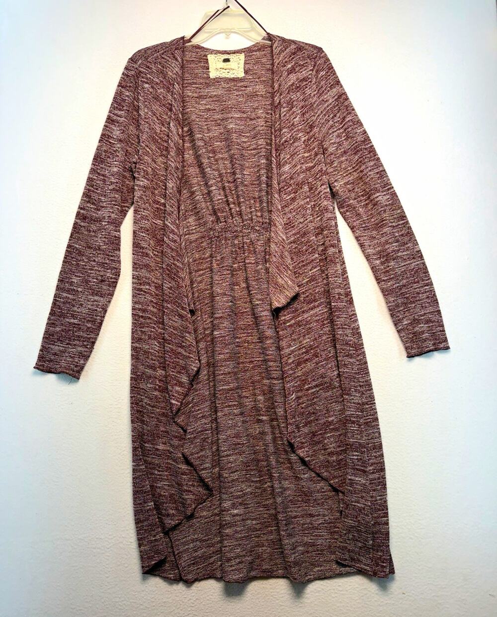 Cupio Women L Burgundy Heather Knit Open Front Duster Cardigan Sweater romantic